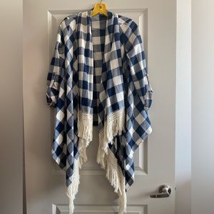 Boho style blue plaid cardigan with white fringe